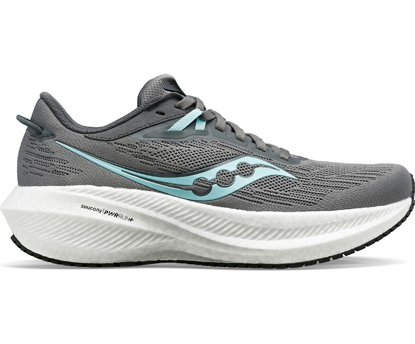 Lateral view of the Women's Saucony Triumph 21 in the color Gravel/Black