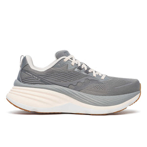 A pair of women's running shoes with a gray upper, white midsole, and pink accents.