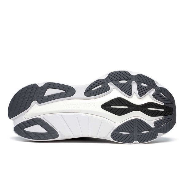 The outsole of this running shoe has a wide platform.