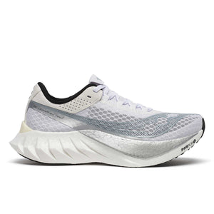 White and Silver Saucony carbon plated running shoe with black accents on a white background.