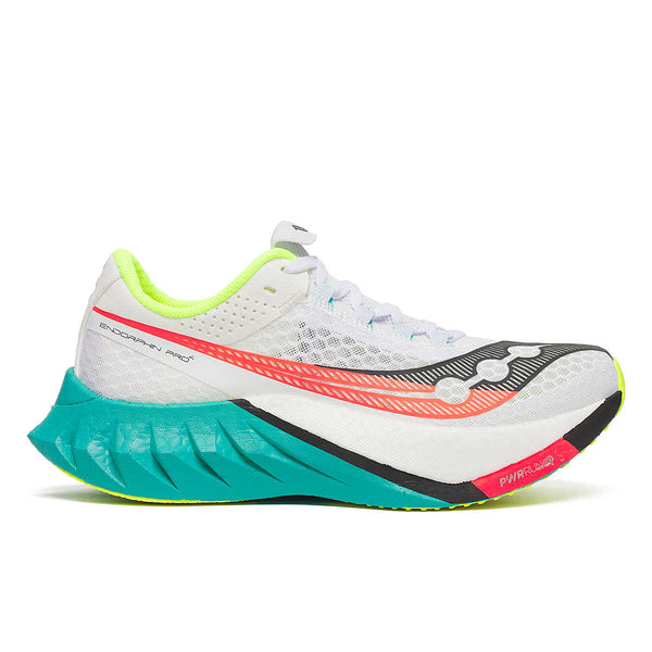 White running shoe with colorful sole on a white background.