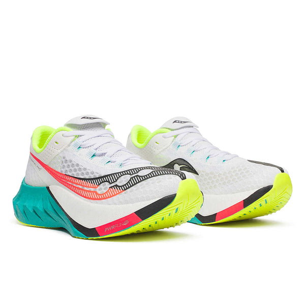 White Saucony running shoes with colorful accents on a white background.