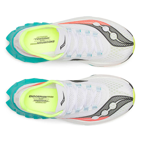 Pair of Saucony running shoes with colorful sole on a white background.