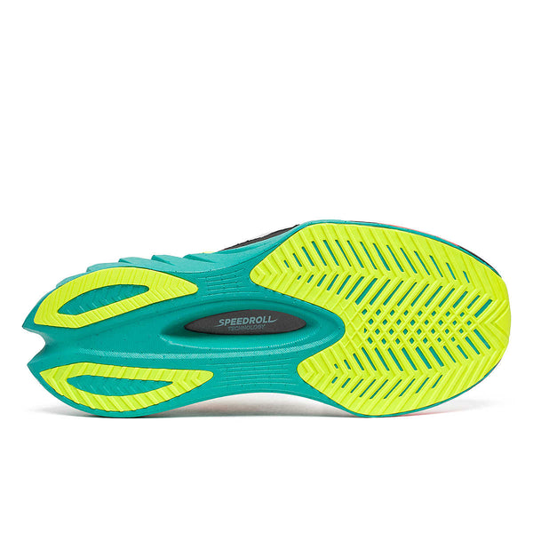 Green and yellow running shoe sole on a white background.