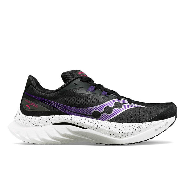 The Women's Saucony Endorphine Speed 4 is mostly black with a speckled midsole