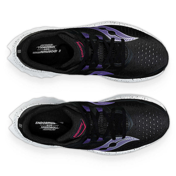 The top down view of the Women's Endorphin Speed 4 has a "U" cutout on the outsole at the back of the shoe