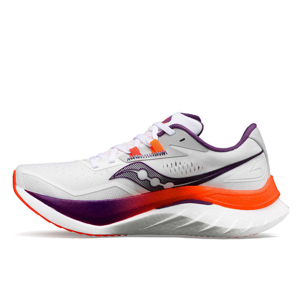 The medial side of the Women's Endorphin Speed 4 has a Saucony logo and a orange and purple midsole