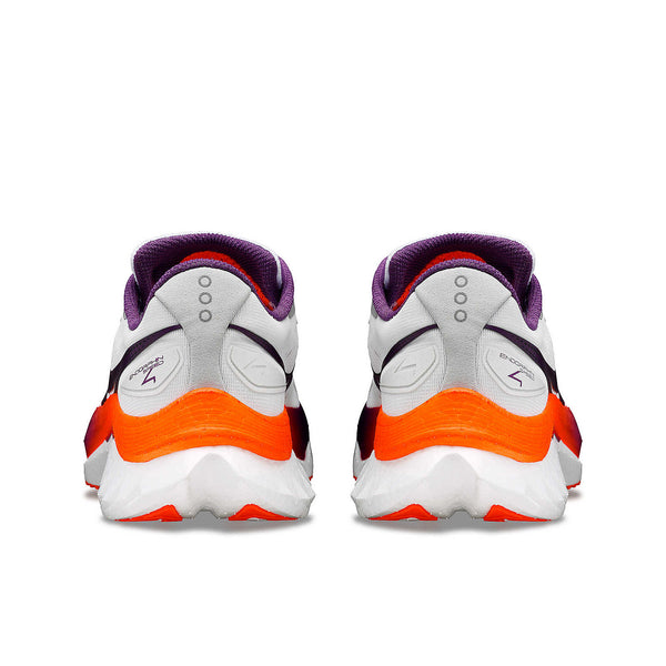 The heel and achilles area of the Women's Speed 4 has a orange look around the upper midsole and the Saucony 3 circles on the upper heel