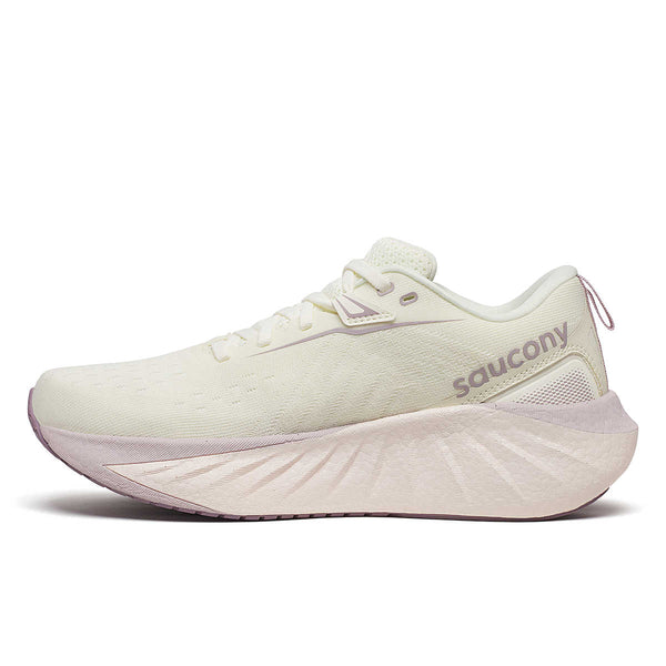 The medial side of these running shoes have the name Saucony written at an angle near the heel.