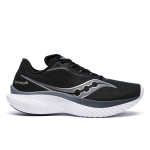 A pair of women's Saucony Kinvara 15 running shoes, predominantly black with white and gray accents, displayed against a white background.