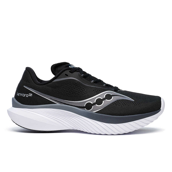 A pair of women's Saucony Kinvara 15 running shoes, predominantly black with white and gray accents, displayed against a white background.