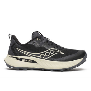 Women's black and white running shoe with Saucony logo on a white background.