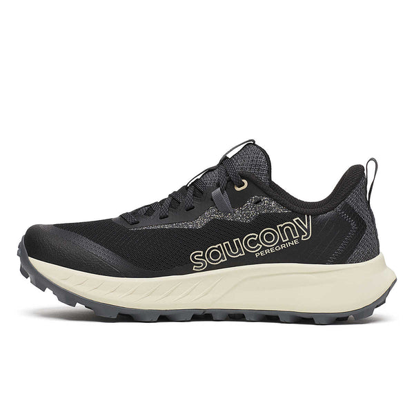 Medial side of a women's black Saucony Peregrine running shoe on a white background.