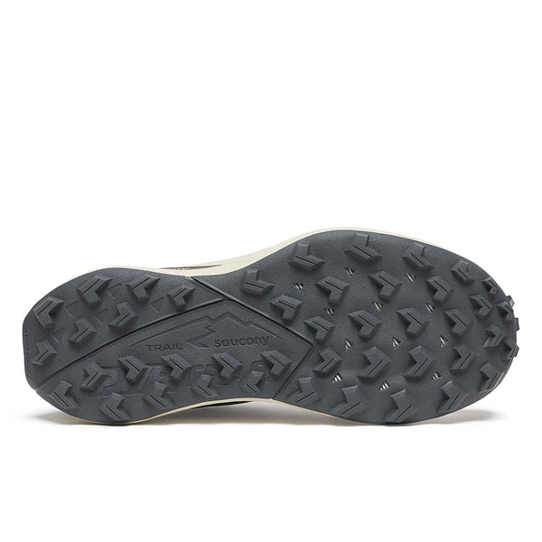 The outsole of this trail running shoe with a trail tread pattern and brand logo on a white background.