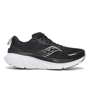 A pair of women's running shoes with black uppers and white bottoms, featuring the Saucony logo.