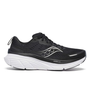 Black running shoe with white midsole and black laces.
