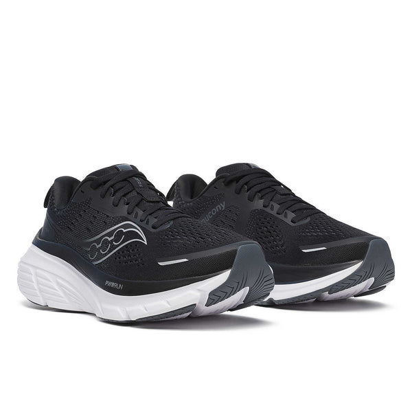 A pair of black running shoes with white soles and a partly black outsole.