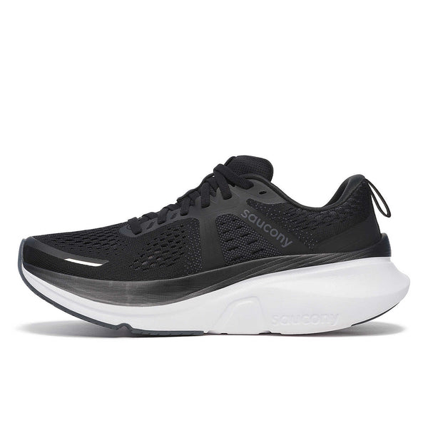 medial side of the lack and white Saucony Guide 18.