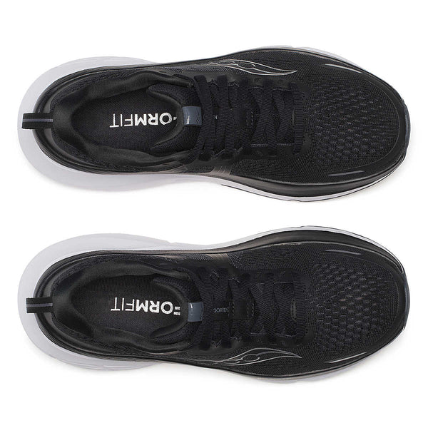The top down view of these women's running shoes shows the black laces and black sockliner.