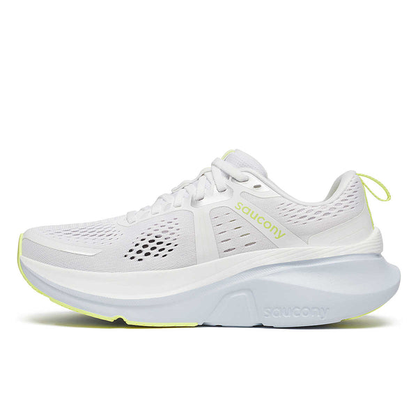 The medial side of the women's shoe with the Saucony name written in a pop color.