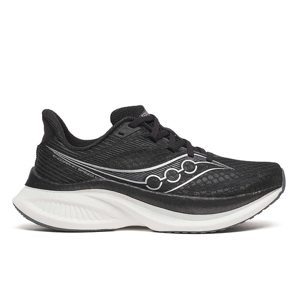 Black Saucony fast running shoe with white sole on a white background.