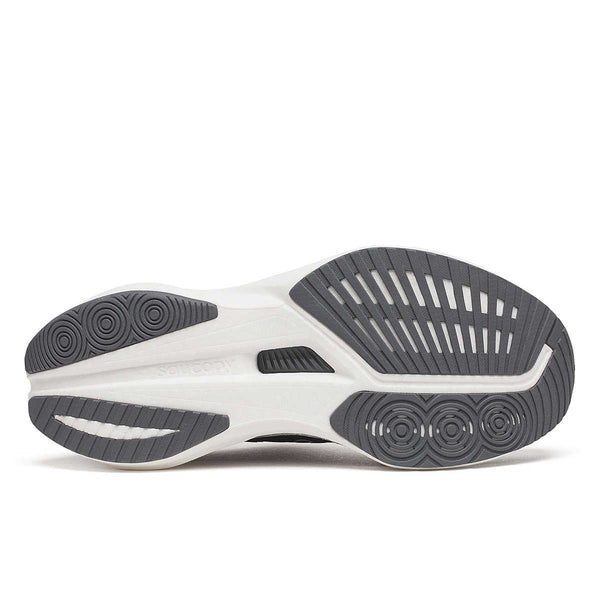 Saucony Endorphin Speed 5 white athletic shoe with gray sole on a white background.