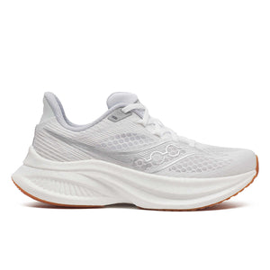 White Saucony women's running shoe with a brown sole on a white background.