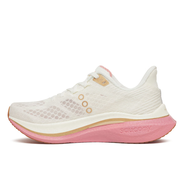 White and pink running shoe on a white background