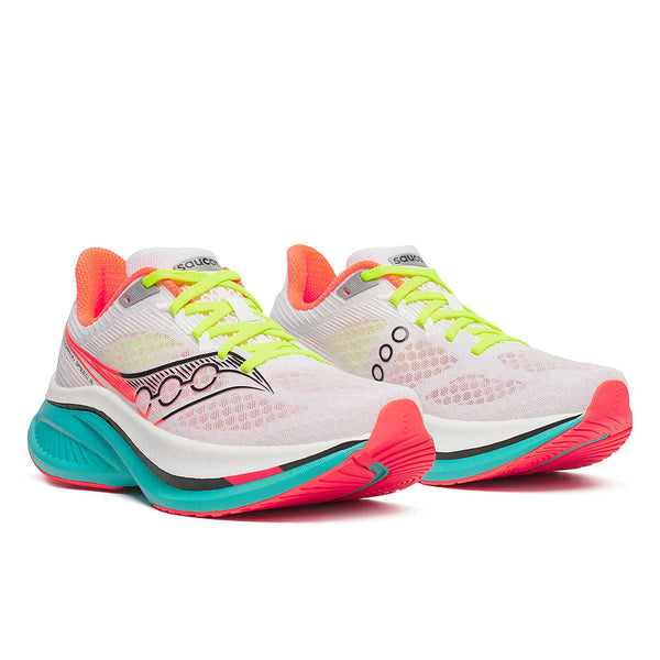Pair of men's marathon racing running shoes on a white background.