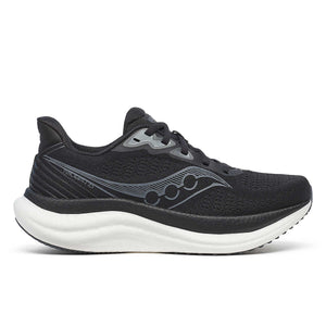 Women's Saucony wide running shoe with white sole on a white background.