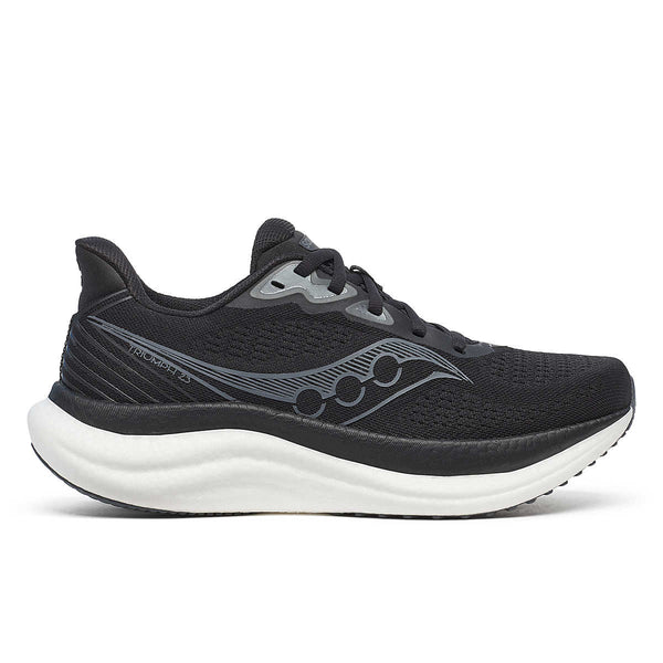 Women's Saucony wide running shoe with white sole on a white background.