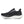 Medial side of a men's black running shoe with white sole on a white background.