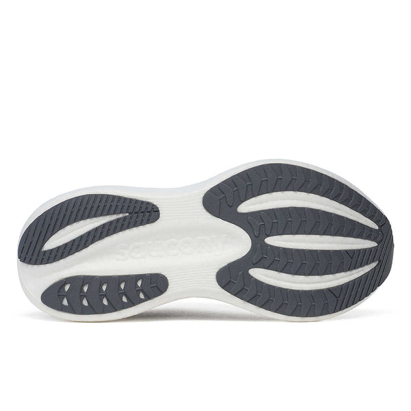 Close-up of a women's running shoe sole with white and gray design on a white background.