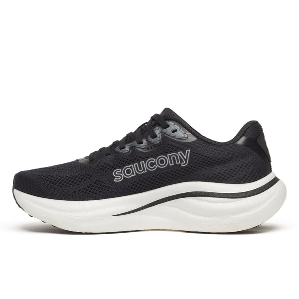Black and white running shoe on a white background