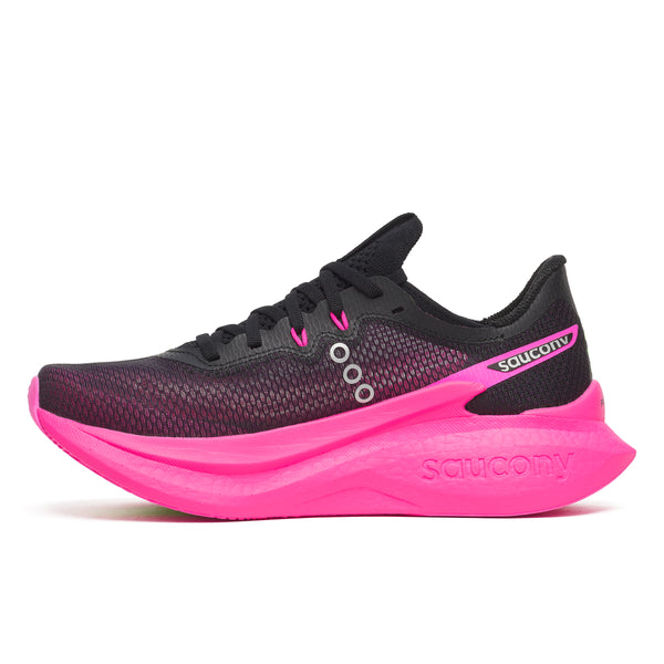 Black and pink running shoe with 'Saucony' branding on a white background