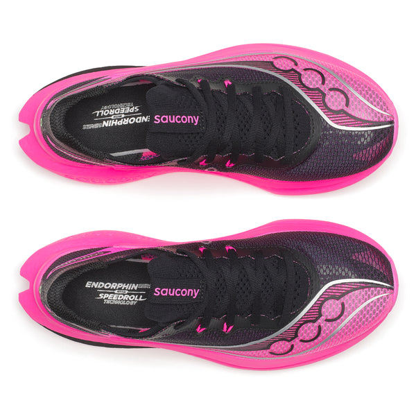 Pink and black athletic shoes with 'Saucony' branding on a white background