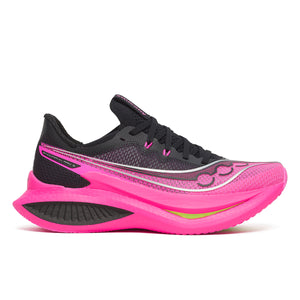 Black and pink Saucony running shoe on a white background