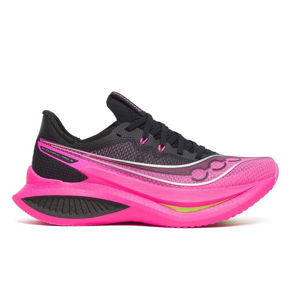 Black and pink Saucony running shoe on a white background