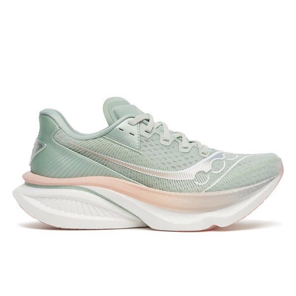 Light green running shoe with a white sole on a white background