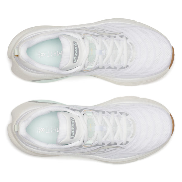A pair of white Saucony Omni ST sneakers with brand logo on a white background