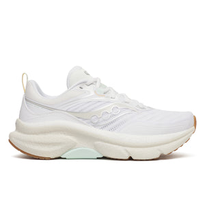 White running shoe with a thick sole on a white background