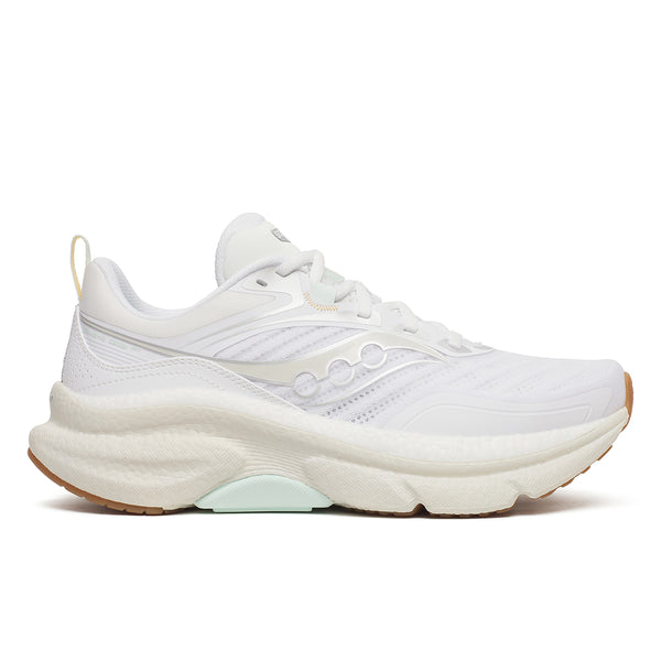 White running shoe with a thick sole on a white background