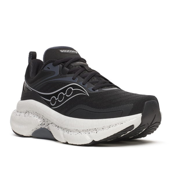 Black Saucony running shoe on a white background