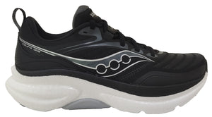 Black and white Saucony running shoe with white sole on a white background