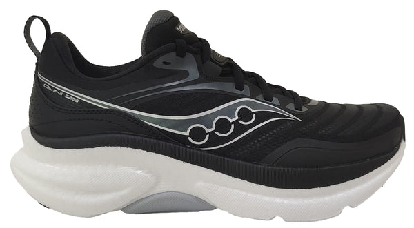 Black and white Saucony running shoe with white sole on a white background