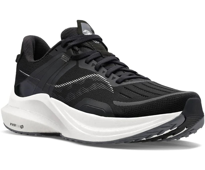 Front angle view of the Men's Tempus by Saucony in the wide 2E width, color Black/Fog