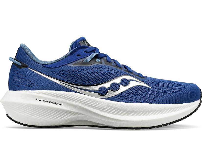 Lateral view of the Men's Triumph 21 by Saucony in the color Indigo/Black