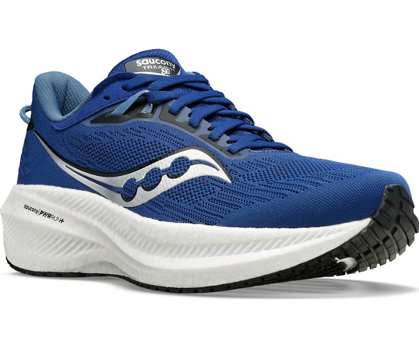Front angle view of the Men's Triumph 21 by Saucony in the color Indigo/Black