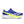 Blue and yellow carbon plated running shoe on a white background.