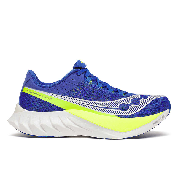 Blue and yellow carbon plated running shoe on a white background.